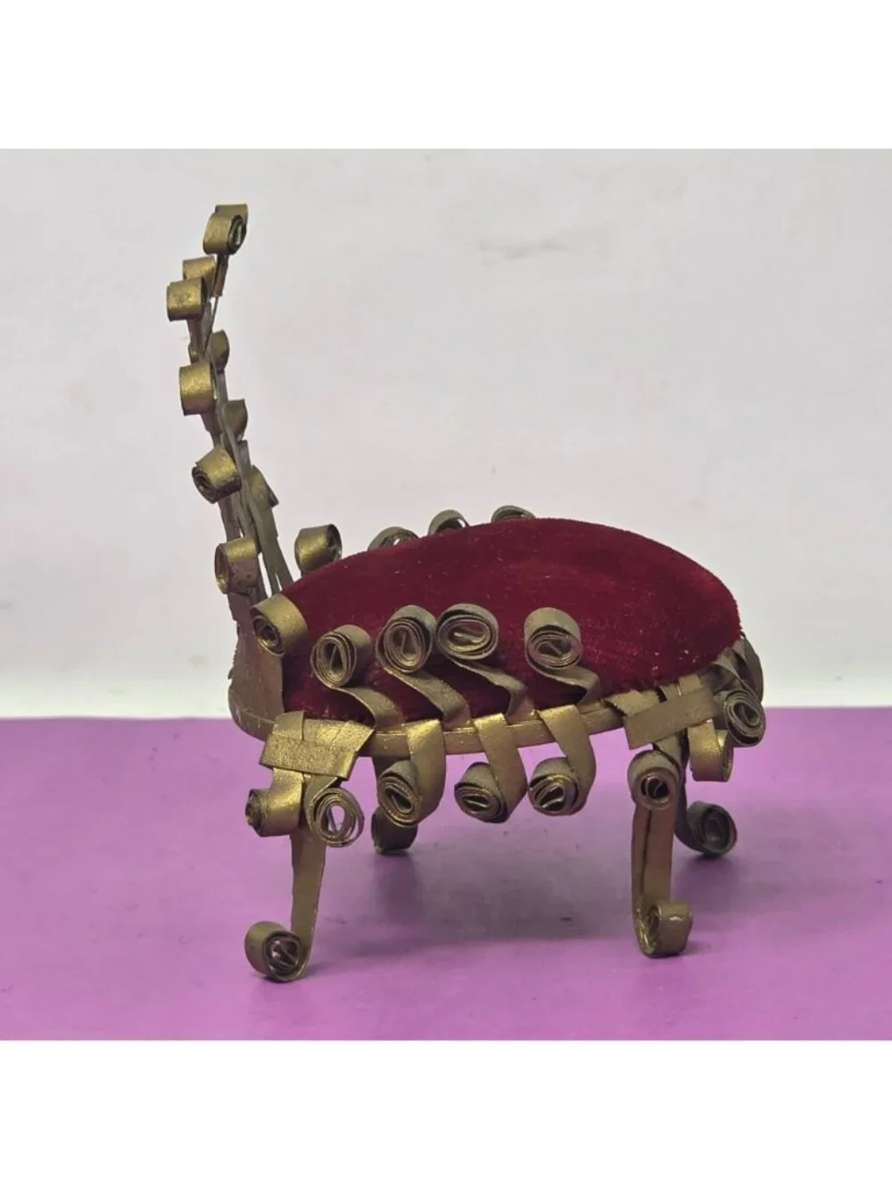 Vintage Handmade Tin Metal Scroll Chair Red Velvet Dollhouse/PinCushion Folk Art